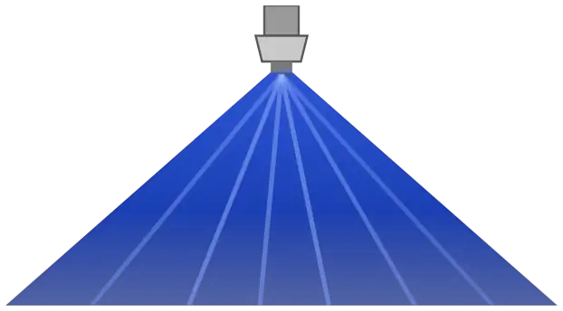 Drawing of a discharge nozzle spraying a fan of foam