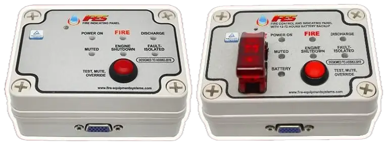 Two compact alarm panels side by side, each with status lamps and a red test button