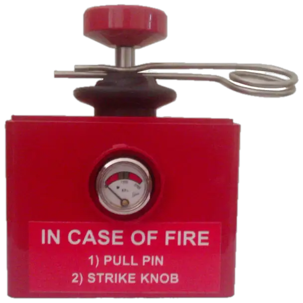 Red manual actuator with pressure gauge, pull pin and strike knob, marked In case of fire