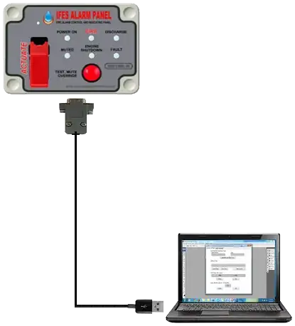 Alarm panel connected by cable to a laptop for data logging